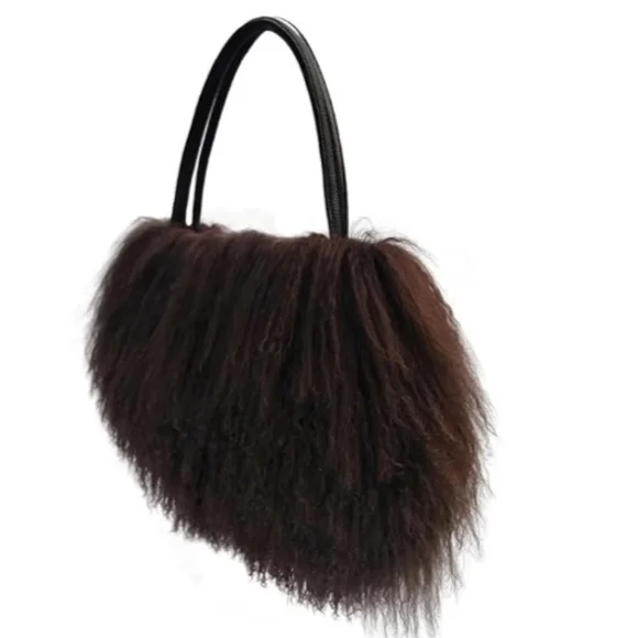 New Real Lamb Mongolian Flush Wool Fur With Genuine Leather Handles Handbag - Picture 4 of 7